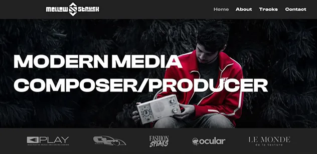 Hero section of the Mellowstruck website featuring a modern media composer in a red jacket holding a vintage radio, with brand logos displayed below.
